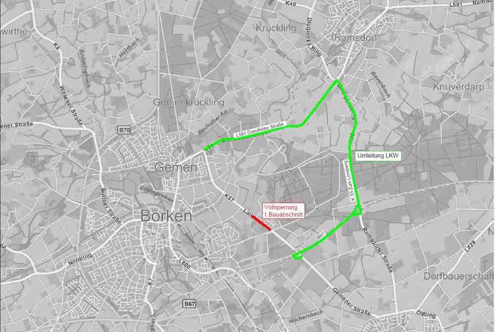 Übersichtsplan des ersten Bauabschnitts der Fahrbahnerneuerung an der Kreisstraße K57 Landwehr