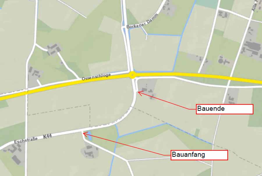 Übersichtsplan der Geh- und Radweginstandsetzungsarbeiten an der Kreisstraße K 44 Eschstraße zwischen Gescher und Velen