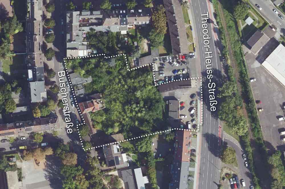 Luftbild des Plangebiets von der Theodor-Heuss-Straße bis hin zur Buscherstraße