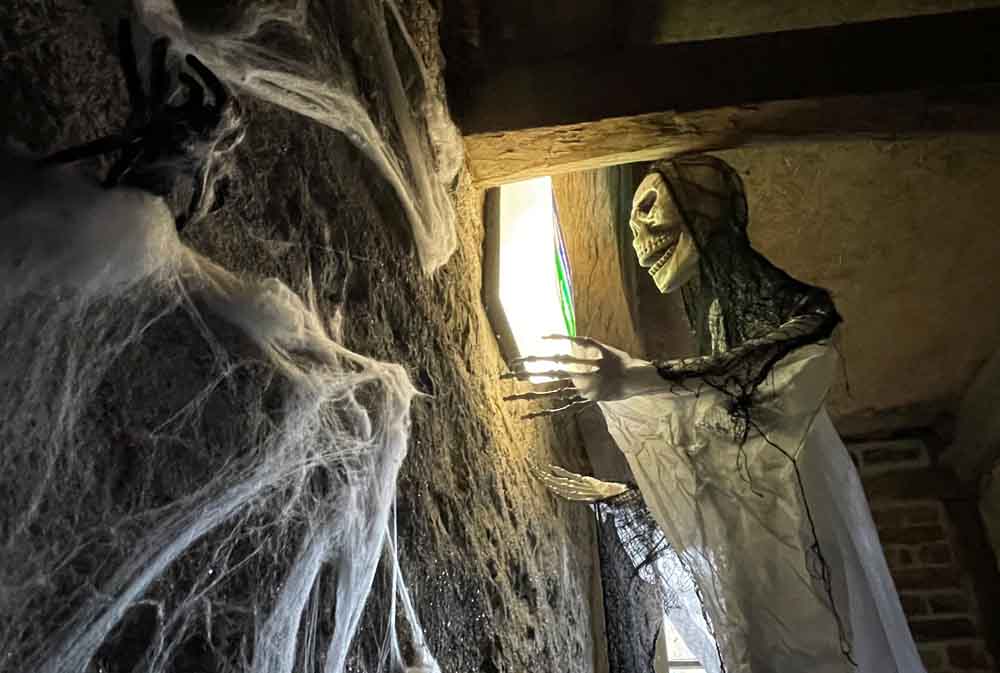 Halloweendeko mit Skelett und Spinnenweben