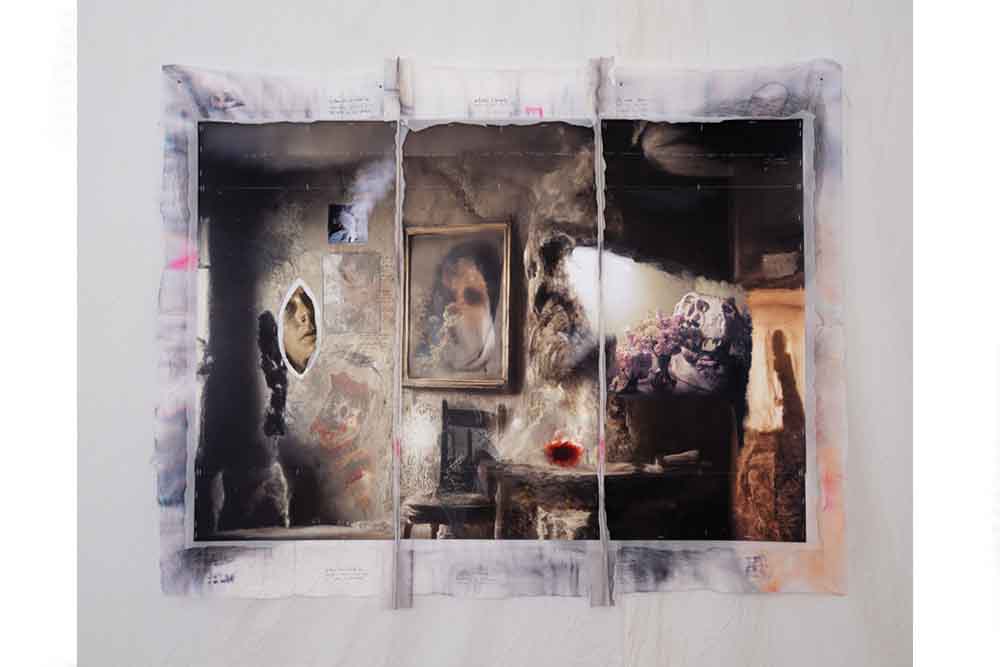 Hedda Roman, Test Time 5, 2025, Print on Ilford Cotton Rag Smooth, painted cotton fabric, display, 98 x 136,5 cm