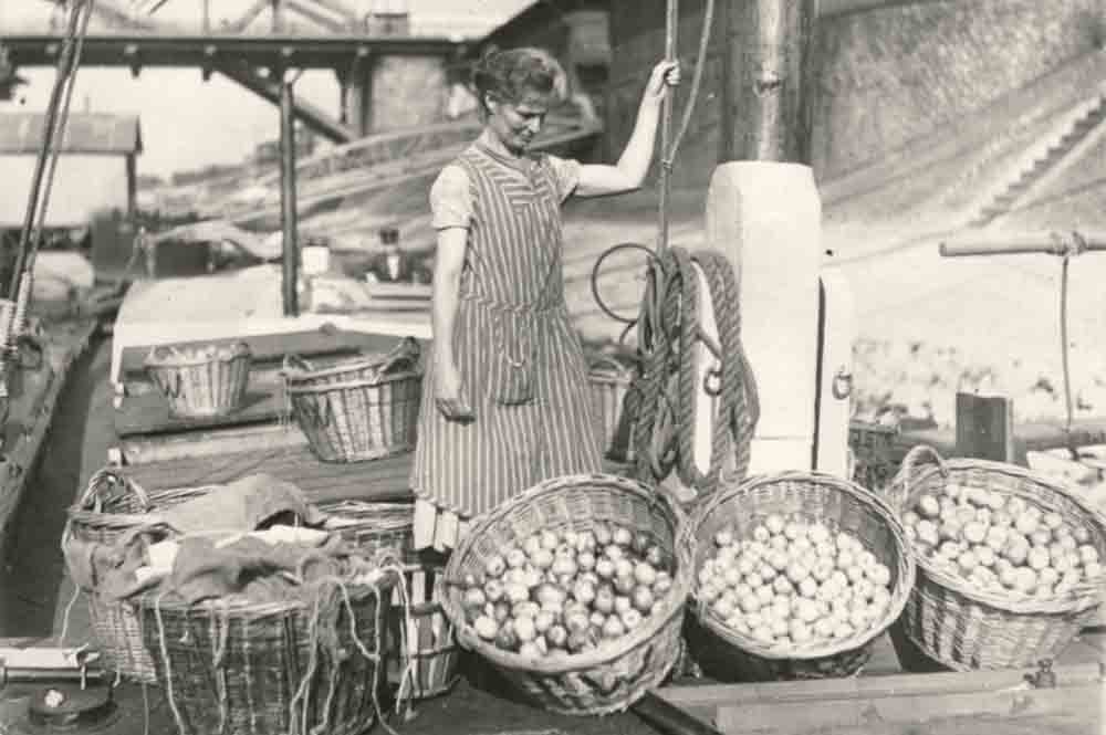 Äppelkahn vor dem Düsseldorfer Rheinwerft, um 1930