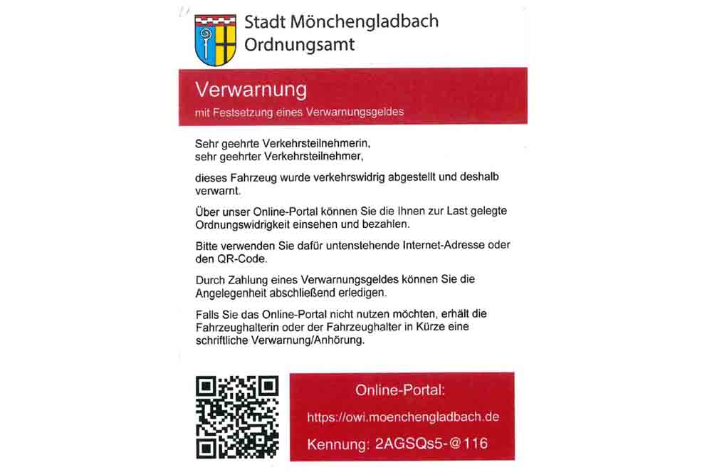 Hinweiszettel für das Online-Knöllchen