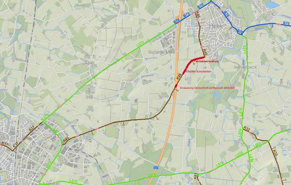 Karte mit Sperrbereich der K 45