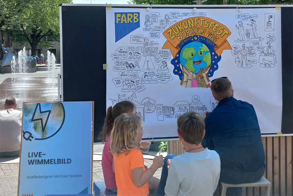 Illustrator Michael Tewiele gestaltet gemeinsam mit Kindern eine kreative Momentaufnahme rund um Zukunft, Nachhaltigkeit und Klimaschutz