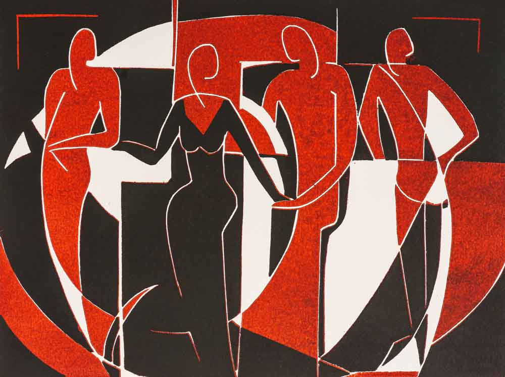 Ida Oelke, An der Bar, 2009, Farbholzschnitt, 22,5 x 30 cm