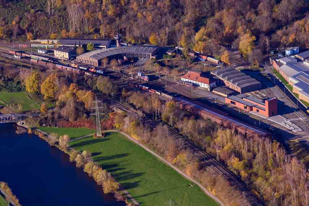 Luftaufnahme zeigt das Eisenbahnmuseum in Bochum-Dahlhausen