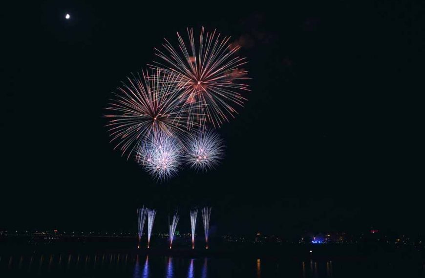 Abschlussfeuerwerk am Nachthimmel über dem Rhein