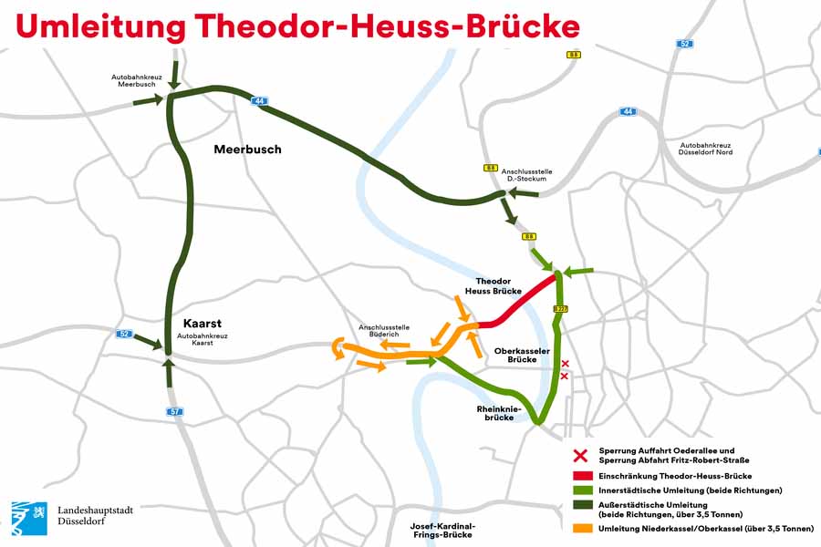 Die Grafik zeigt mögliche Umleitungsrouten während der Einschränkungen zur Zeit der Kragarmsanierung an der Theodor-Heuss-Brücke