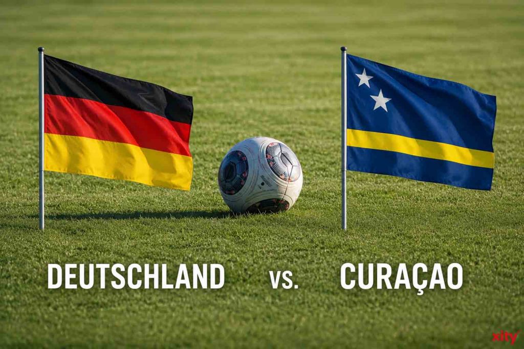 Fußball auf Rasen mit Flaggen der Länder