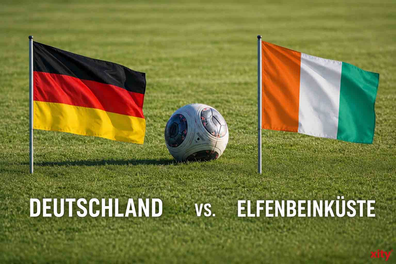 Fußball auf Rasen mit Flaggen der Länder