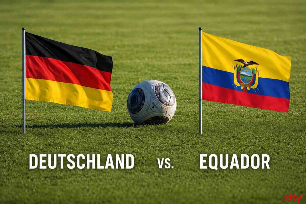 Fußball auf Rasen mit Flaggen der Länder