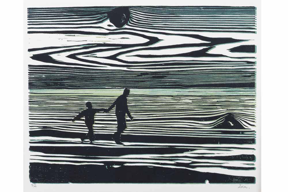 Ida Oelke, Vater und Sohn am Strand, 2009, Farbholzschnitt, 20 x 25 cm