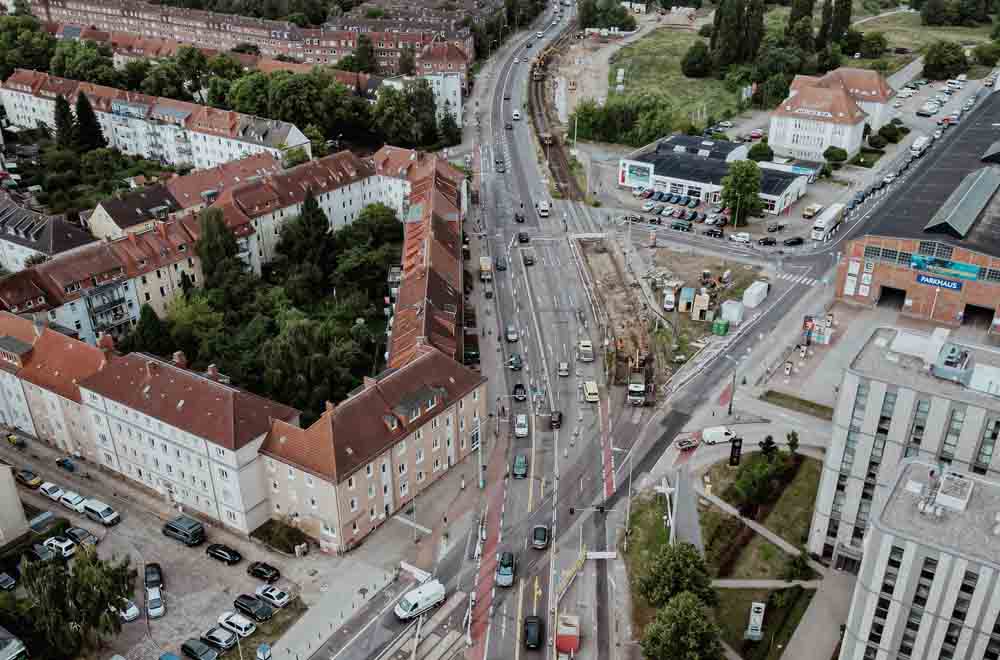 Luftbild vom Werftdreieck mit Bauzustand
