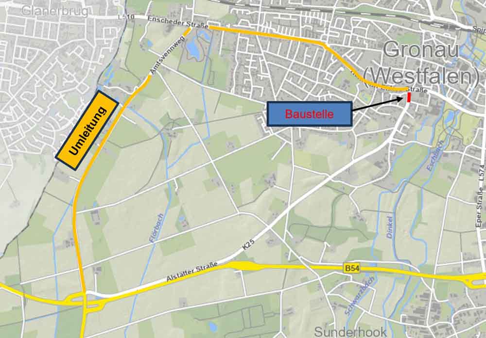 Karte des betroffenen Bereichs mit Sperrung und Umleitung