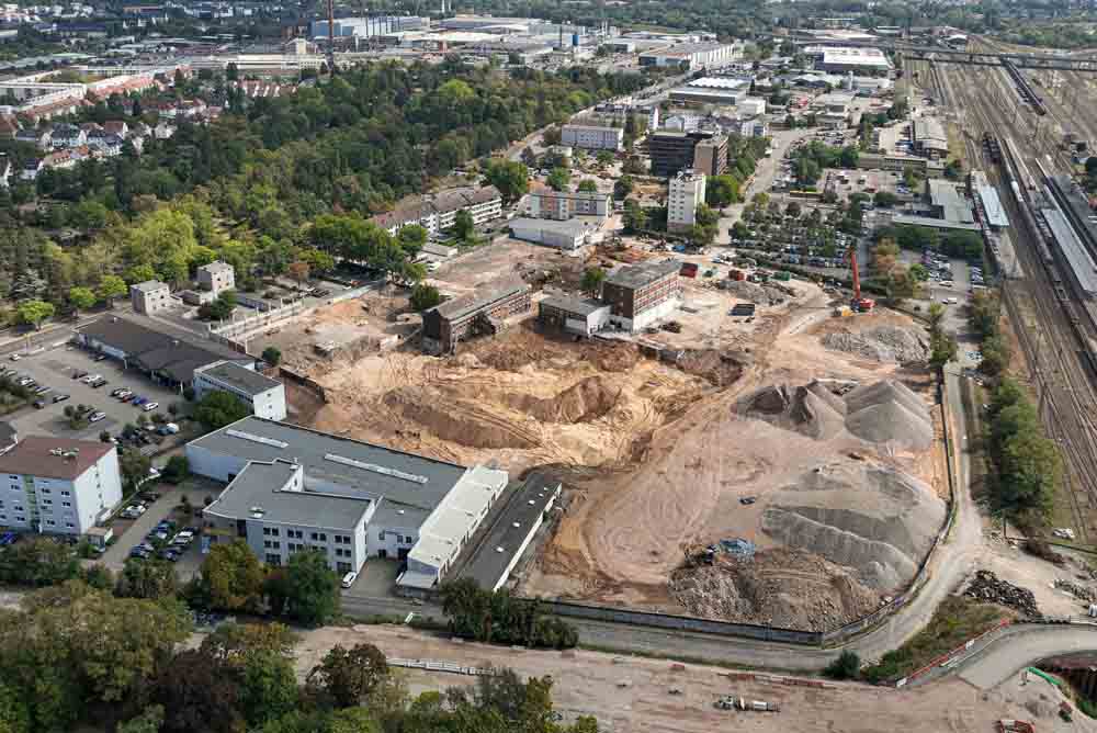 Luftbild des Hauptbahnhofquartiers mit Baustelle