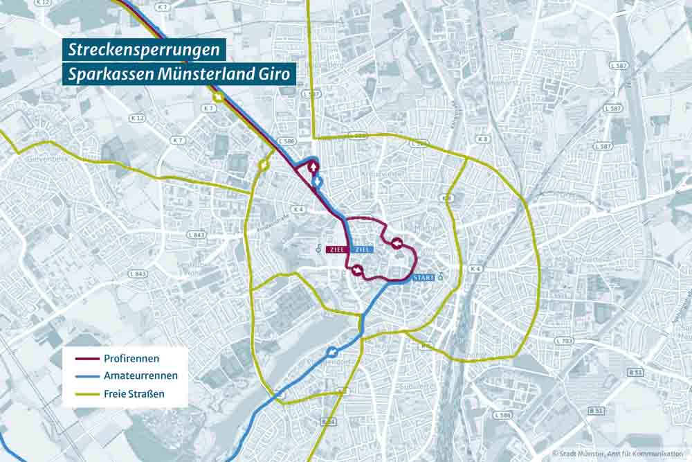 Karte mit Verlauf des Münsterland Giros und freien Strecken für den Verkehr
