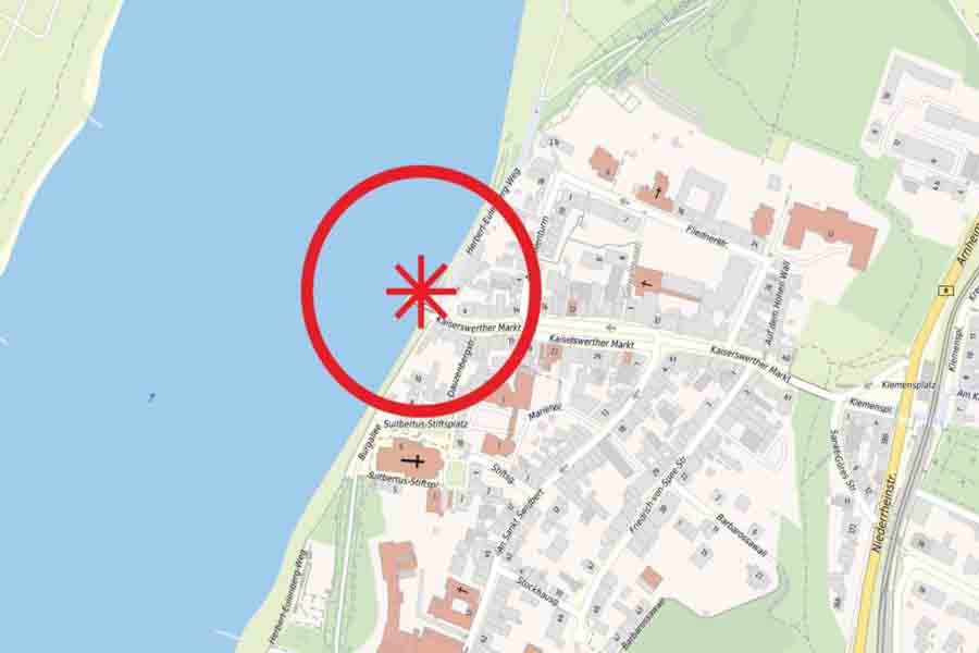 Karte: Sicherheitsradius rund um den Fundort der drei Panzerfäuste aus dem Zweiten Weltkrieg in Kaiserswerth