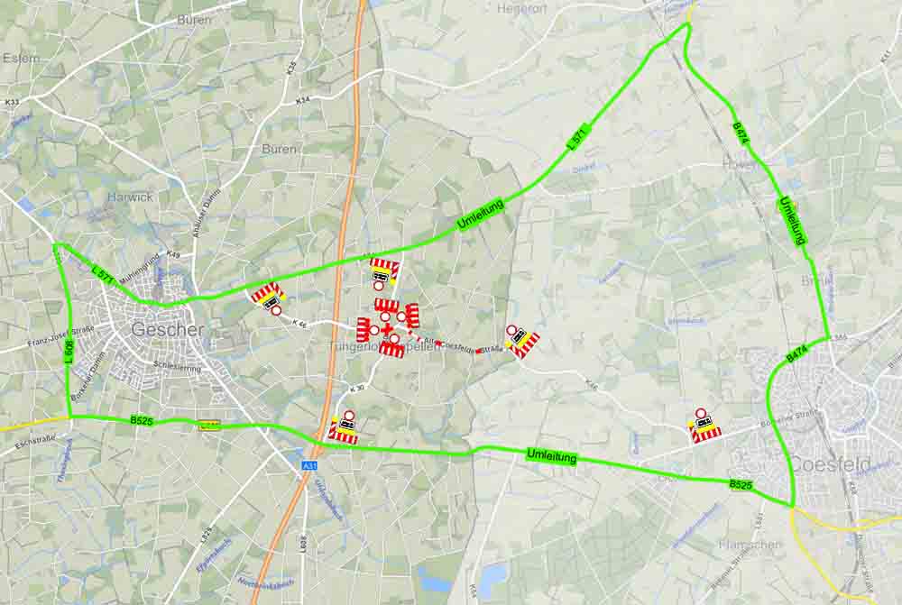 Karte des betroffenen Bereichs mit Sperrungen